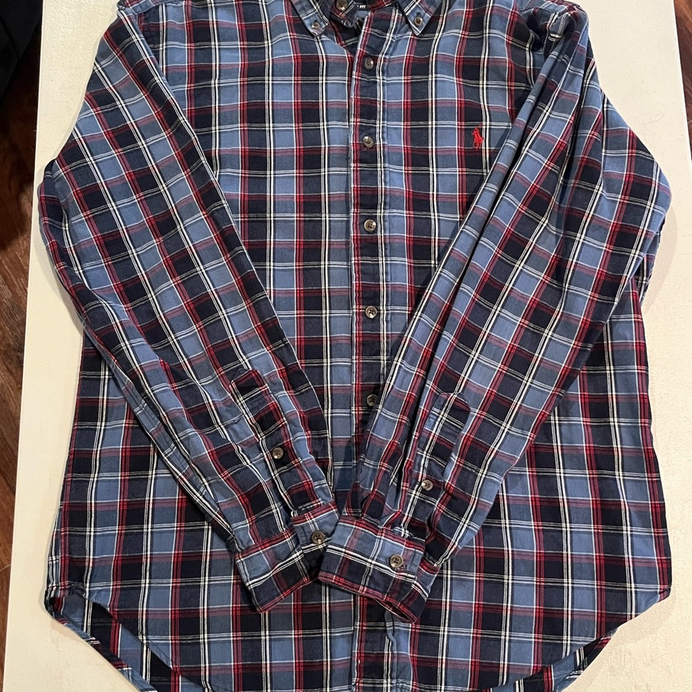 Ralph Lauren Men's Red and Blue Plaid Button Up Shirt, Size Medium